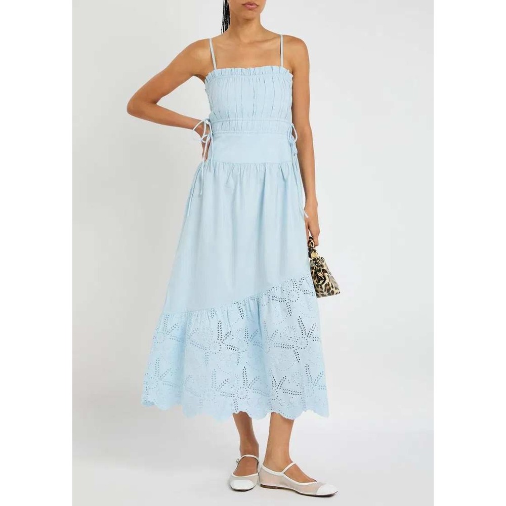 Damson Madder Kelia Pleated Cotton Light Blue Eyelet Smocked Midi Dress Size S